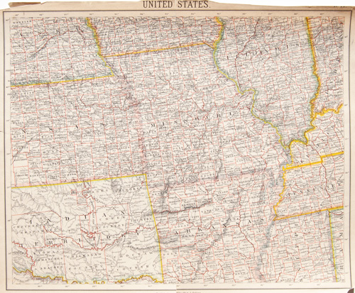antique map of [Missouri, parts of Nebraska, Kansas, Indian Territory (Oklahoma), Arkansas, Illinois, Tennessee, Mississippi, Kentucky, Indiana]